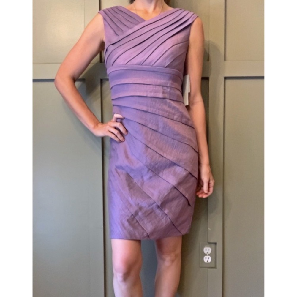 Adrianna Papell Asymmetrical Tuck Tiered Dress Purple Shimmer Size 6P New NWT